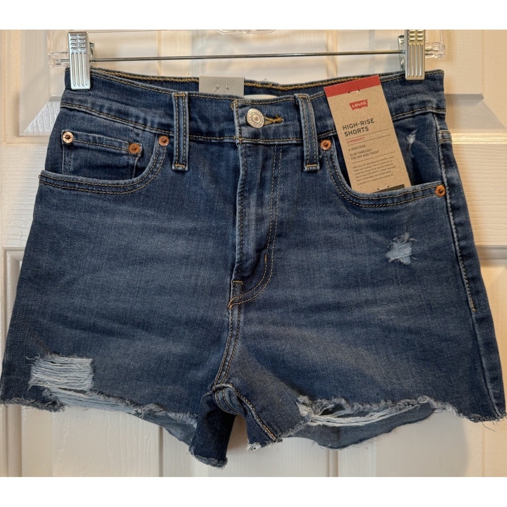 Levi's Women's High Rise Shorts Chelsea When-Dark Indigo Raw Hem Size 26, NWT